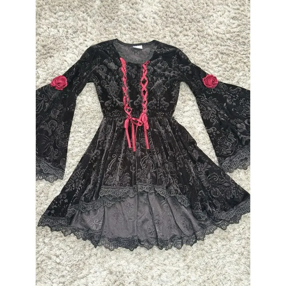 Gothic Velvet Lace Bell Sleeve Dress Girls S Black Witchy Renaissance Costume